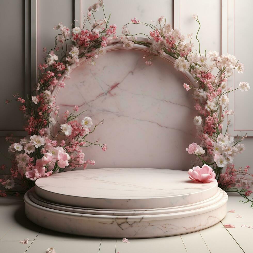 Pink marble podium with flowers. Generative AI photo