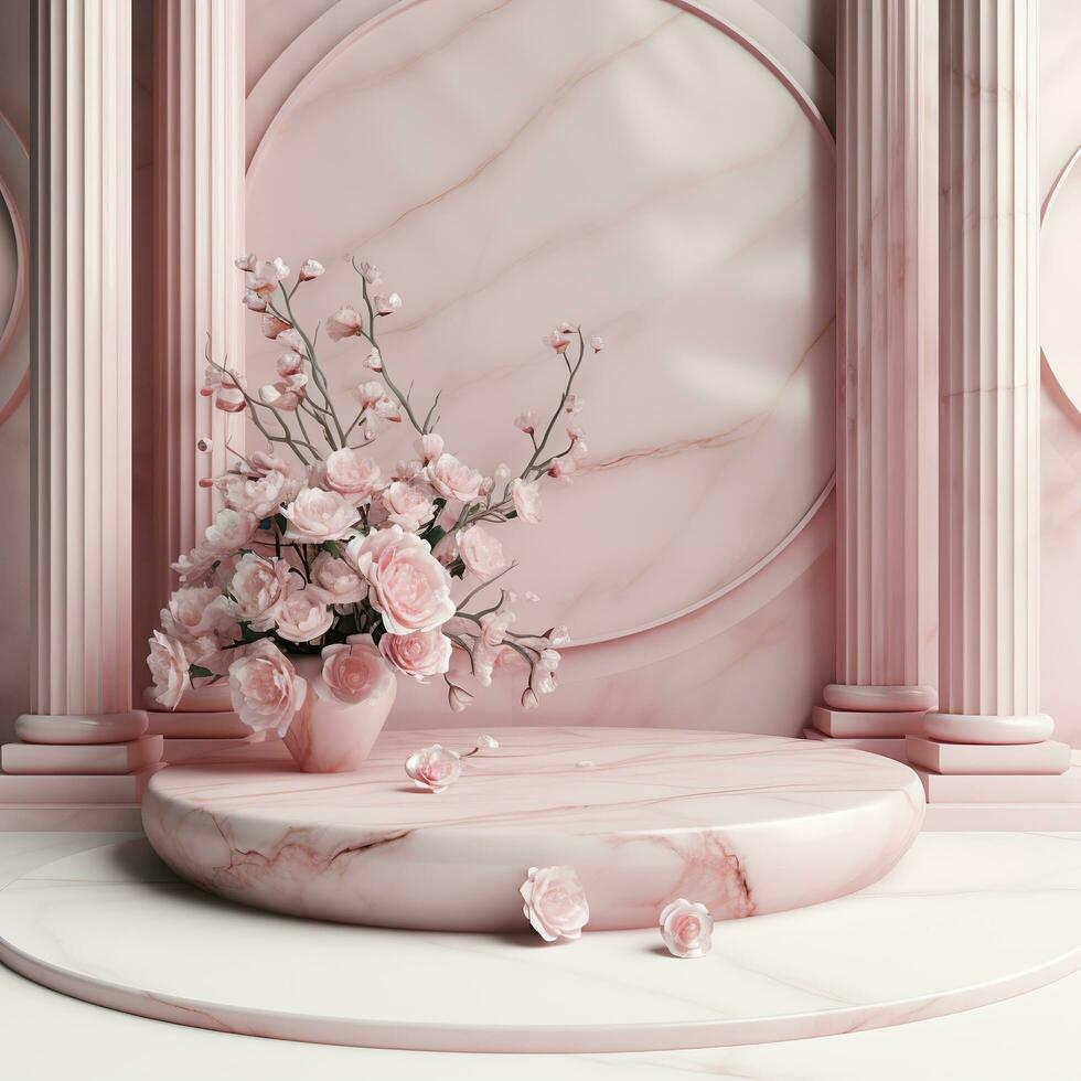 Pink marble podium with flowers. Generative AI photo