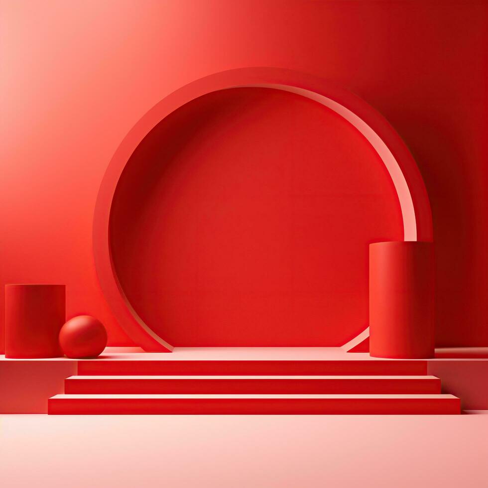 Red space, podium, room for demonstrating products. Simple scene for advertising cosmetics, items, goods. Generative AI photo