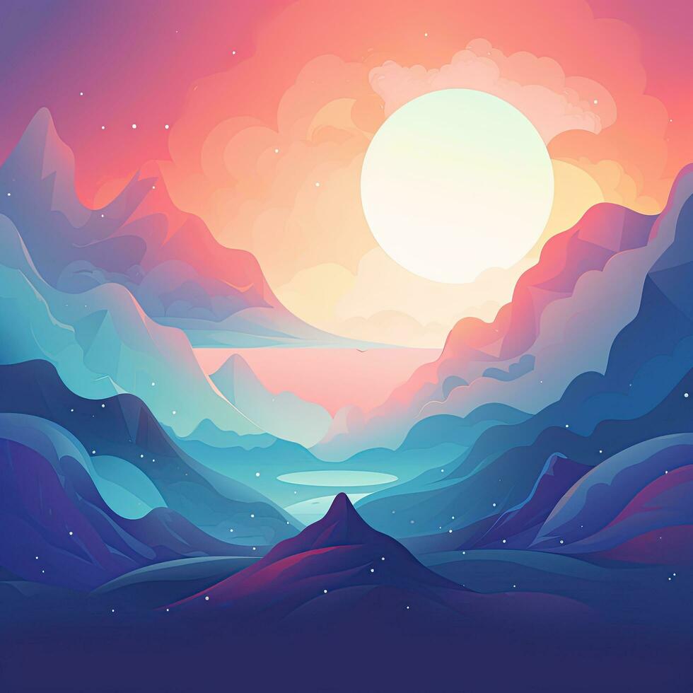 Bright abstract landscape in rainbow colors in flat style, mountains, clouds. Generative AI photo