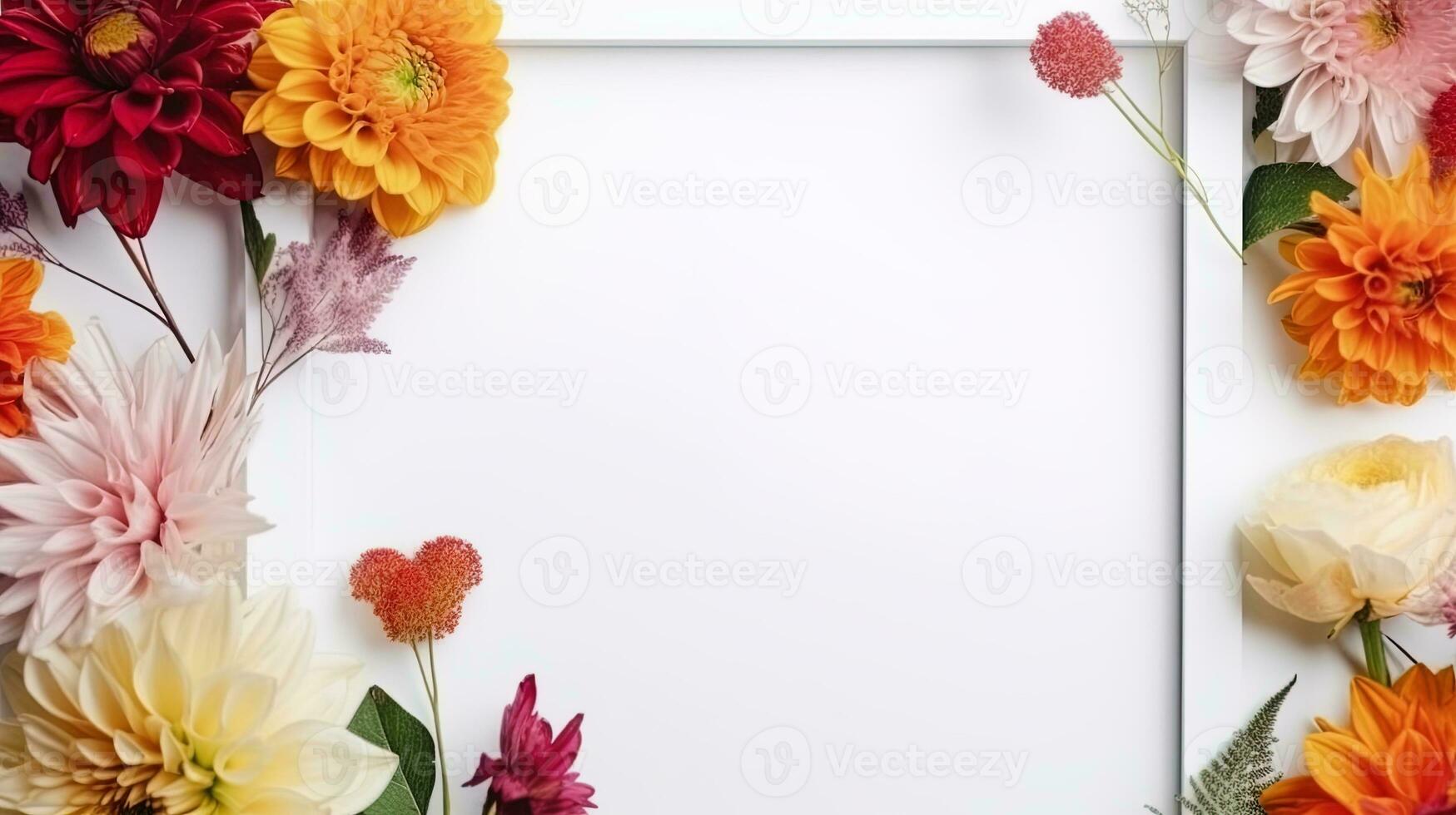 Mockup of picture frame decorated with spring flowers clean space for text on white background photo