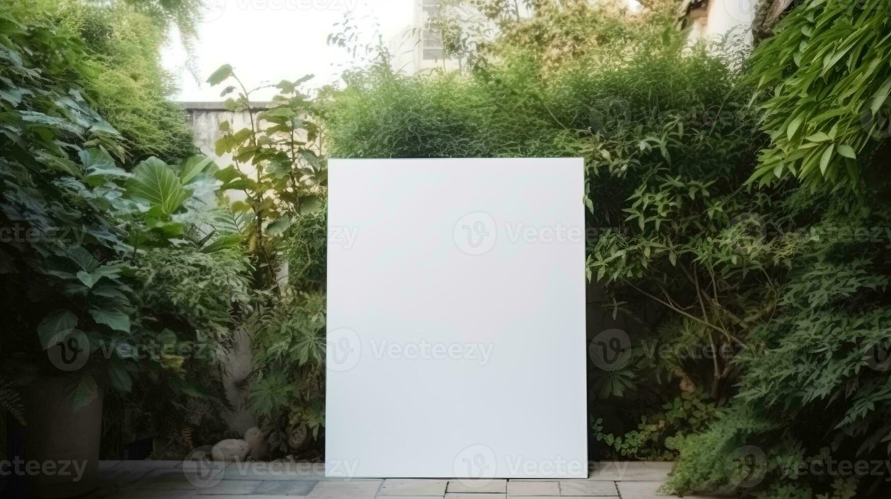 Empty white banner with mock up space white of signboard on plants wall space for text photo