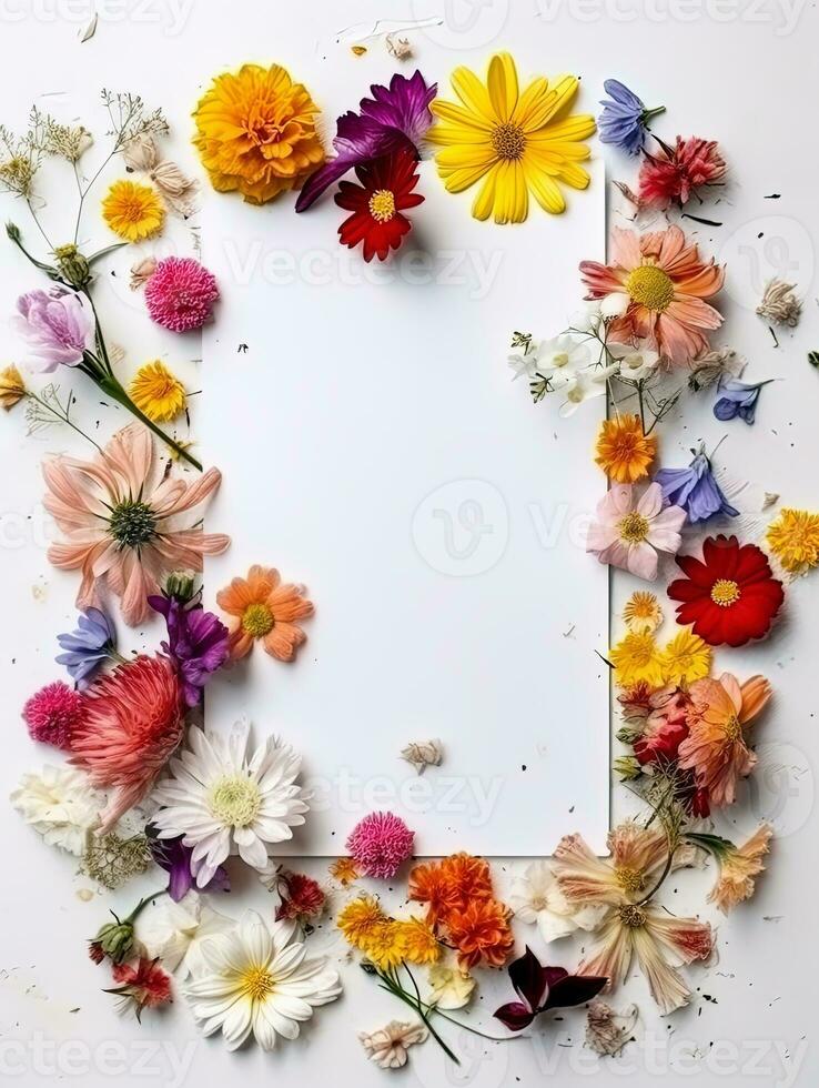 Vertical top view blank card with flowers Abstract organic flowers Blooming floral on white background for invitation card photo