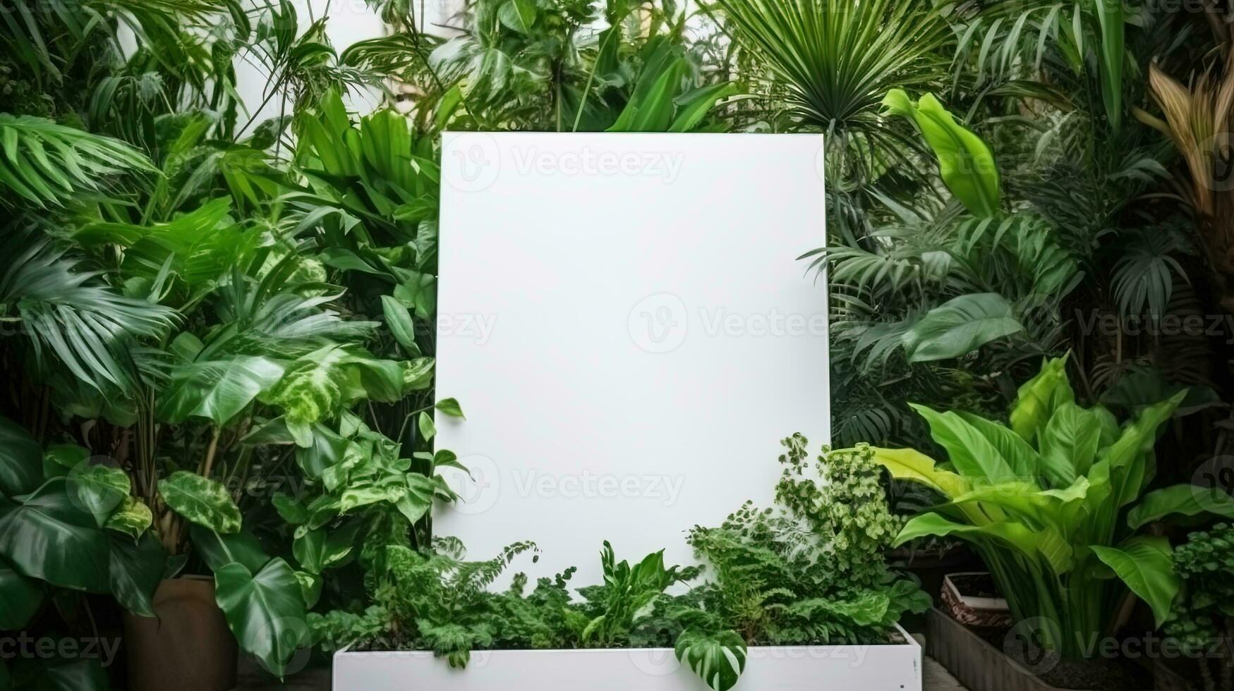 Empty white banner with mock up space white of signboard on plants wall space for text photo