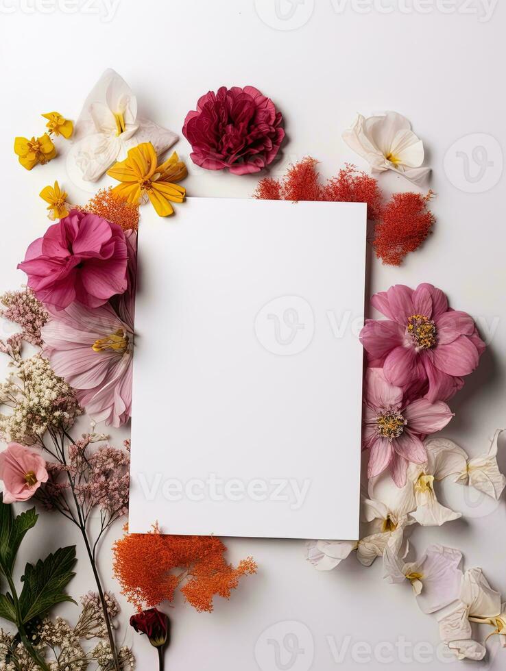 Vertical top view blank card with flowers Abstract organic flowers Blooming floral on white background for invitation card photo