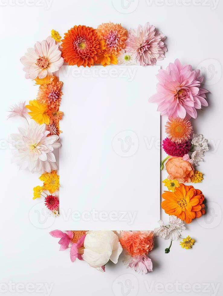 Vertical top view blank card with flowers Abstract organic flowers Blooming floral on white background for invitation card photo