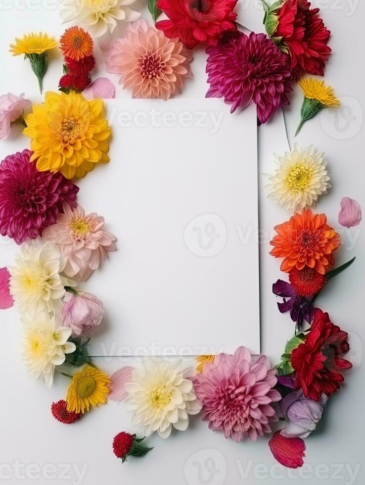 Vertical top view blank card with flowers Abstract organic flowers Blooming floral on white background for invitation card photo