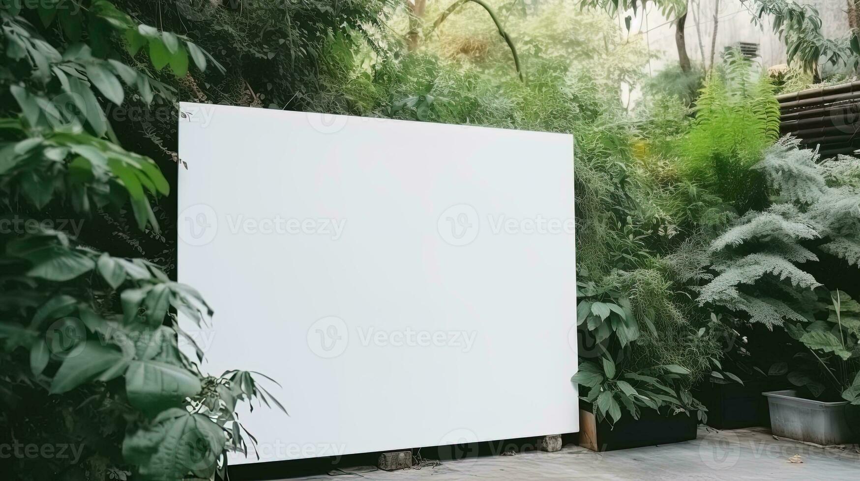 Empty white banner with mock up space white of signboard on plants wall space for text photo