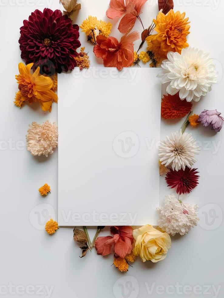 Vertical top view blank card with flowers Abstract organic flowers Blooming floral on white background for invitation card photo