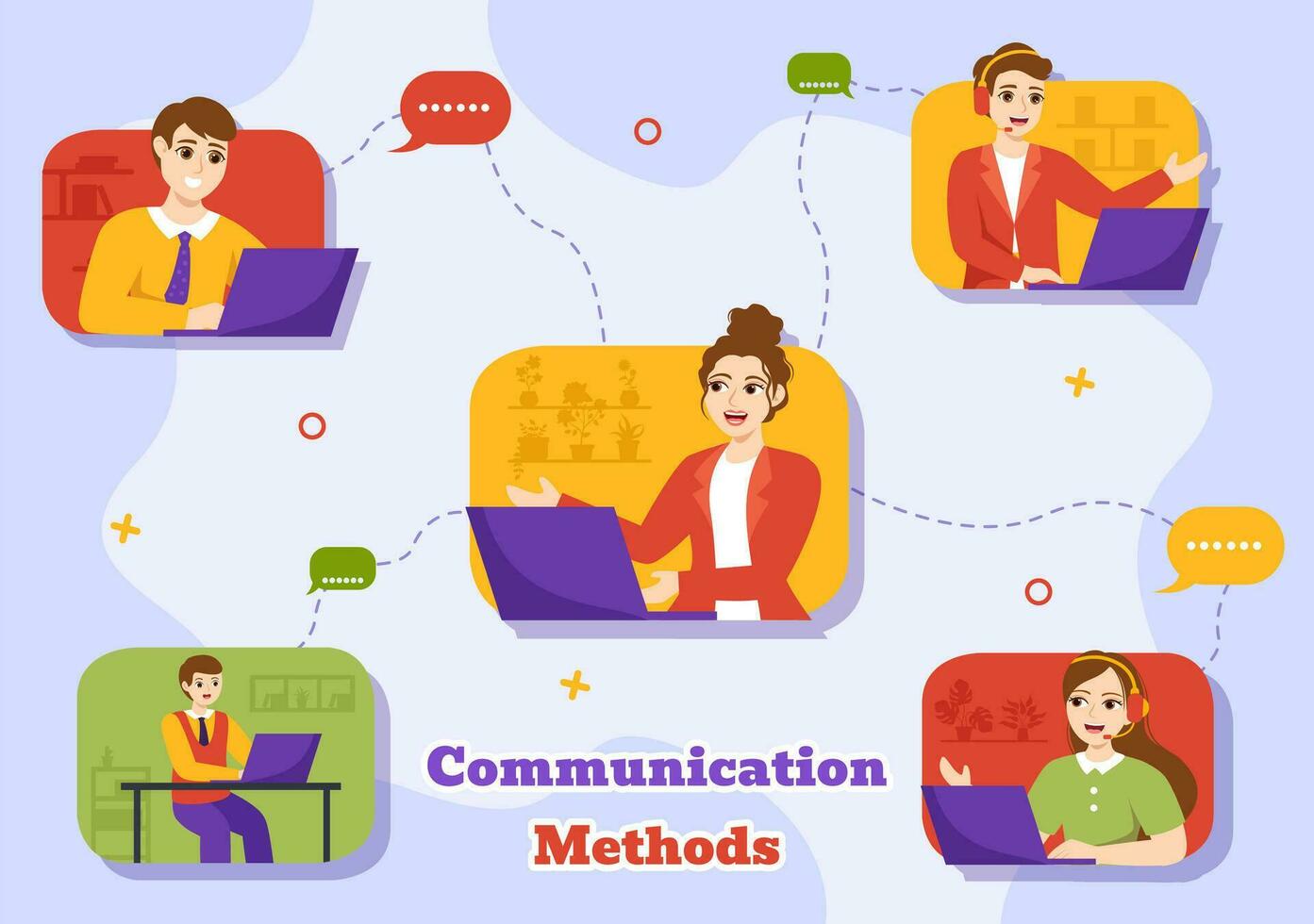 comunicación métodos vector ilustración con equipo remisión marketing, proyecto gestión, social redes y público relaciones en plano antecedentes