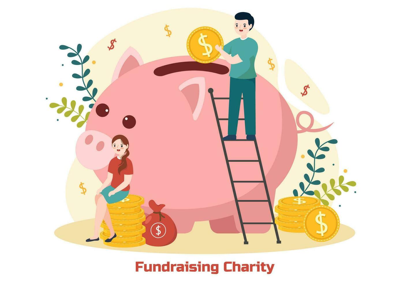 Fundraising Charity and Donation Vector Illustration with Volunteers Putting Coins or Money in Donation Box in Financial Support Cartoon Background