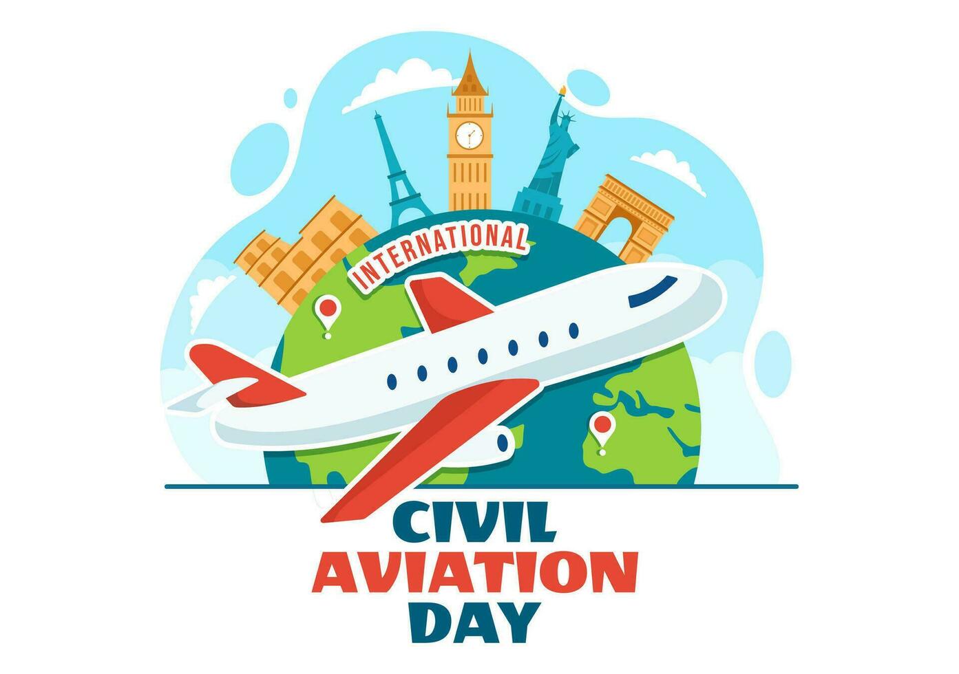 internacional civil aviación día vector ilustración en 7 7 diciembre con avión y cielo azul ver para apreciar en plano dibujos animados antecedentes diseño