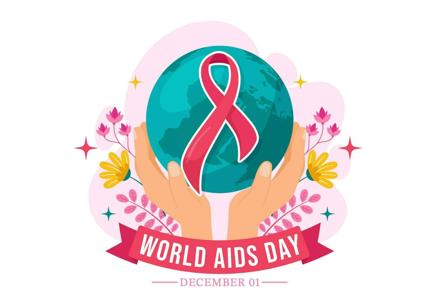 World Aids Day Vector Illustration on 1 december with Red Ribbon to raise awareness of the AIDS epidemic in Flat Cartoon Pink Background Design