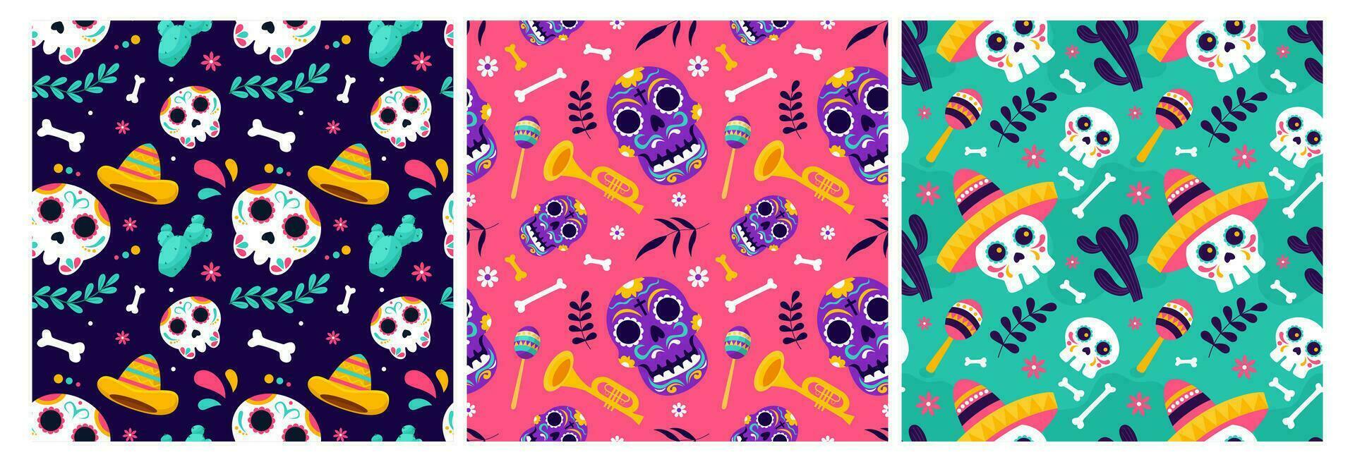 Set of Dia de Muertos Seamless Pattern Illustration with Day of the Dead and Skeleton Element in Mexican Design vector