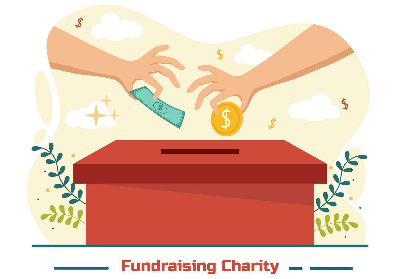 Fundraising Charity and Donation Vector Illustration with Volunteers Putting Coins or Money in Donation Box in Financial Support Cartoon Background