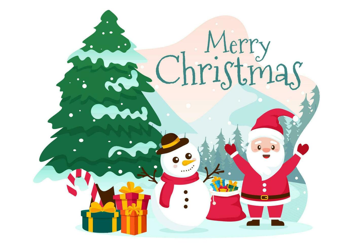 alegre Navidad vector ilustración con Papa Noel noel, chuchería pelota, regalo caja, sorpresa regalos, arboles y nieve antecedentes en plano dibujos animados diseño