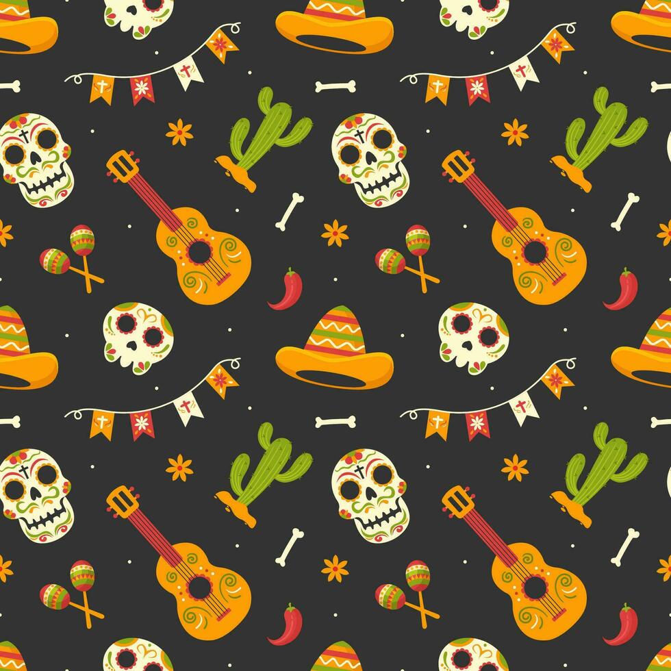 Dia de Muertos Seamless Pattern Illustration with Day of the Dead and Skeleton Element in Mexican Design vector