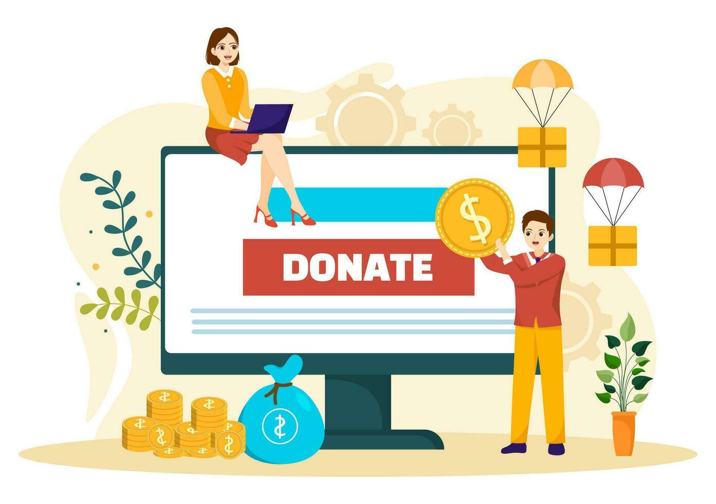 Fundraising Charity and Donation Vector Illustration with Volunteers Putting Coins or Money in Donation Box in Financial Support Cartoon Background