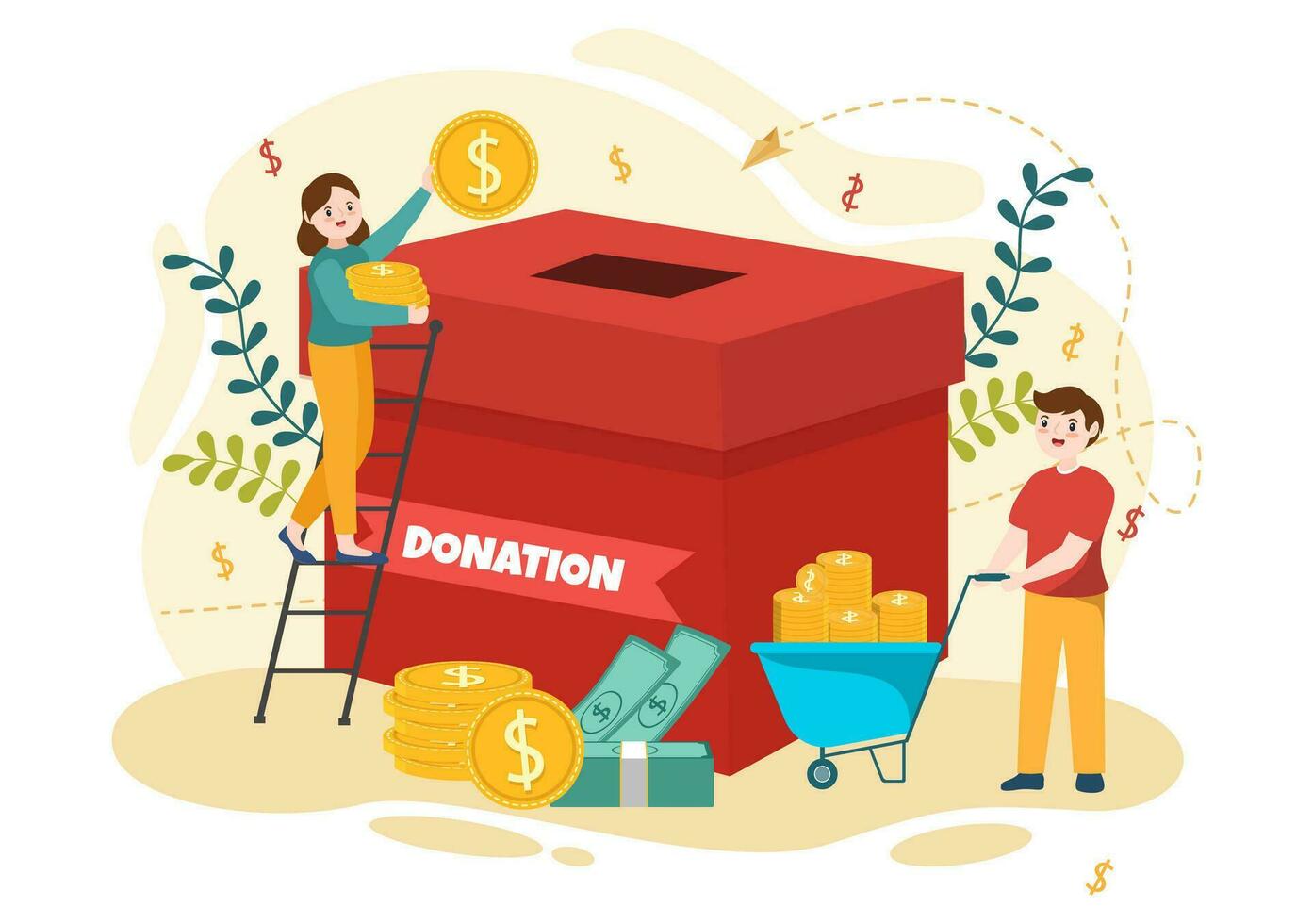 Fundraising Charity and Donation Vector Illustration with Volunteers Putting Coins or Money in Donation Box in Financial Support Cartoon Background