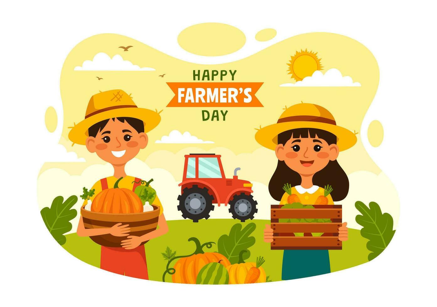 contento agricultores' día vector ilustración en diciembre 23 arroz campos y agricultores adecuado para póster o aterrizaje página en plano dibujos animados antecedentes diseño