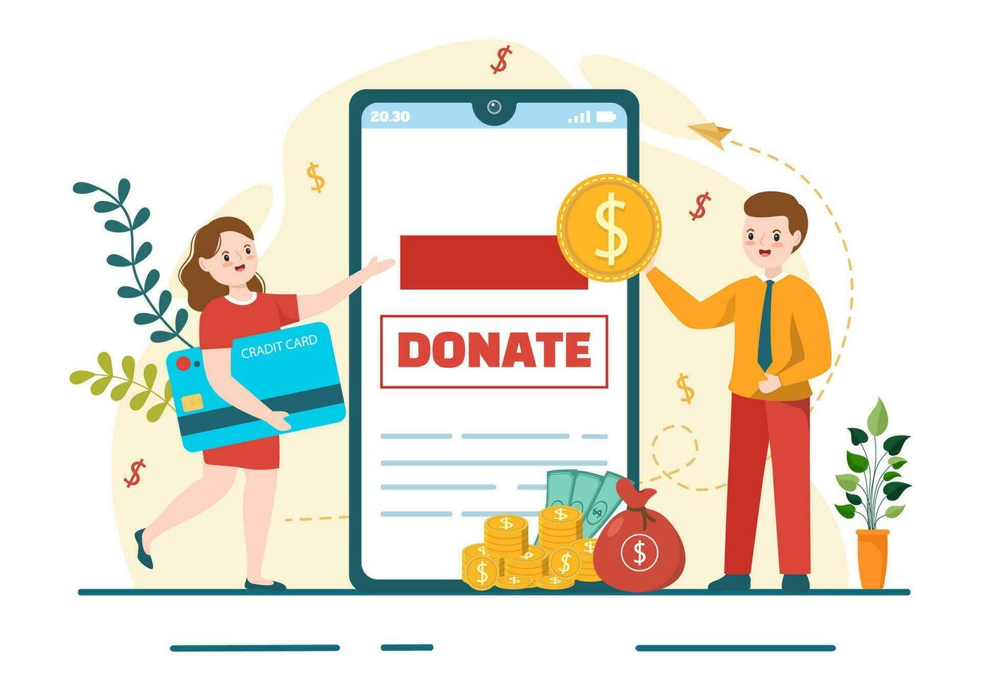 recaudación de fondos caridad y donación vector ilustración con voluntarios poniendo monedas o dinero en donación caja en financiero apoyo dibujos animados antecedentes