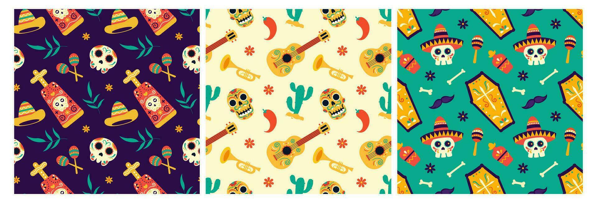Set of Dia de Muertos Seamless Pattern Illustration with Day of the Dead and Skeleton Element in Mexican Design vector