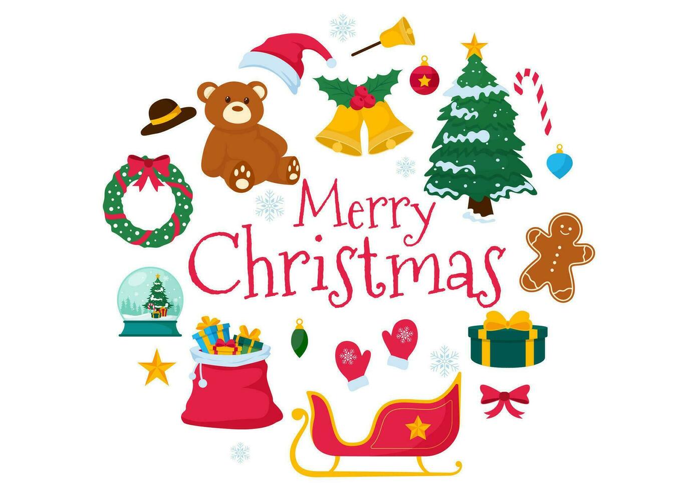 Merry Christmas Vector Illustration with Santa Claus, Bauble Ball, Gift Box, Surprise Gifts, Trees and Snow Background in Flat Cartoon Design
