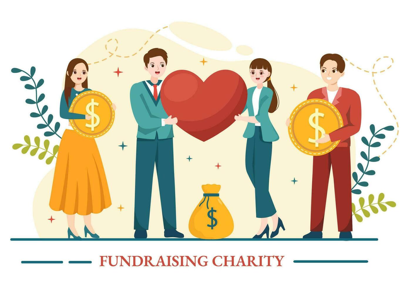 Fundraising Charity and Donation Vector Illustration with Volunteers Putting Coins or Money in Donation Box in Financial Support Cartoon Background