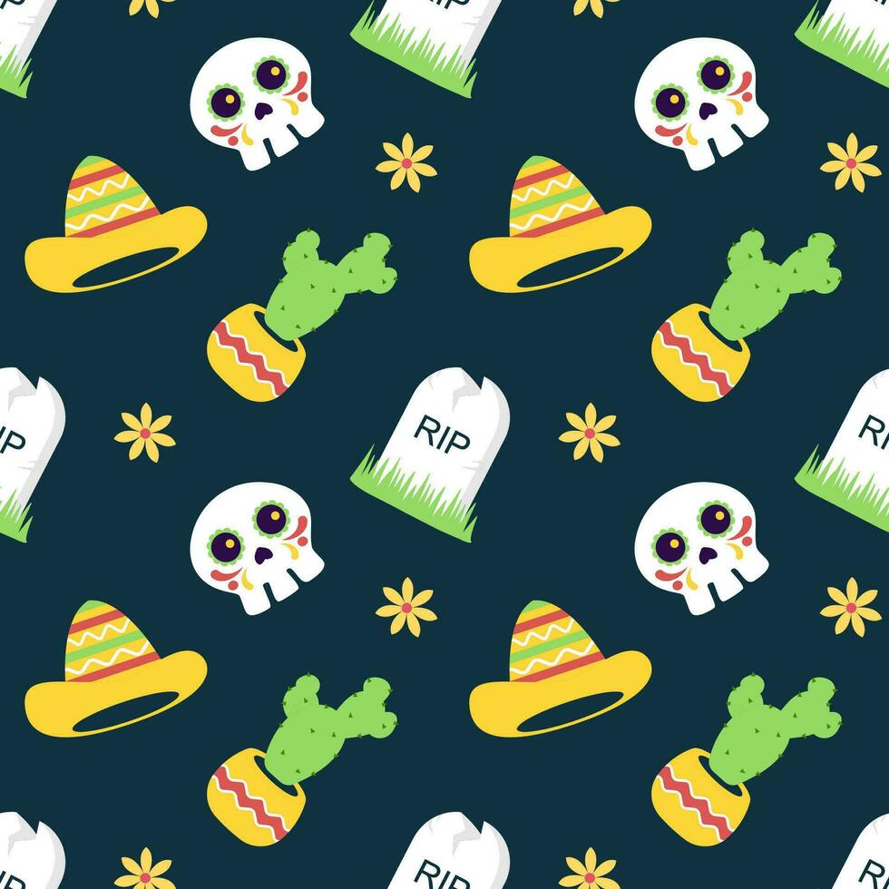 Dia de Muertos Seamless Pattern Illustration with Day of the Dead and Skeleton Element in Mexican Design vector