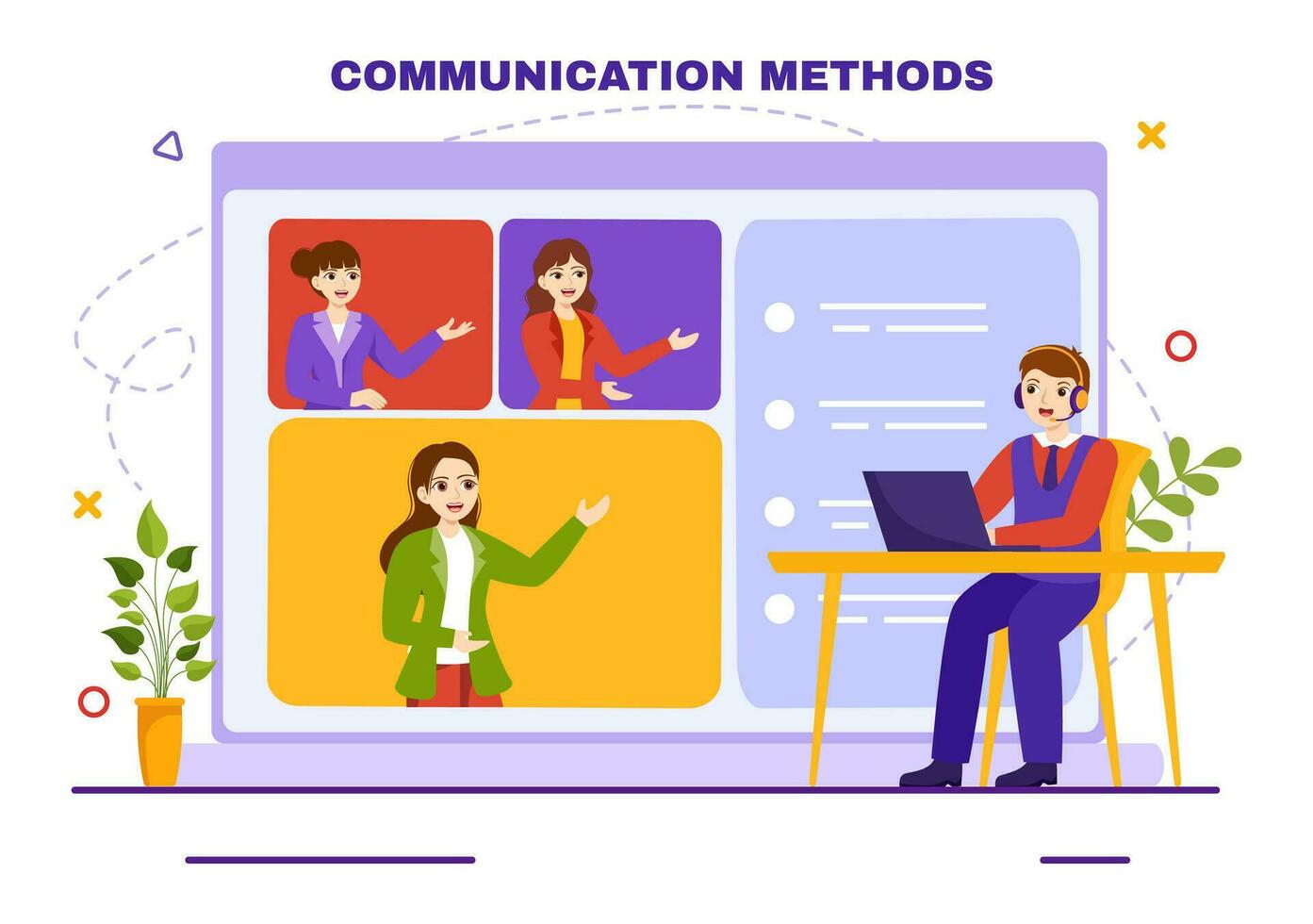 comunicación métodos vector ilustración con equipo remisión marketing, proyecto gestión, social redes y público relaciones en plano antecedentes