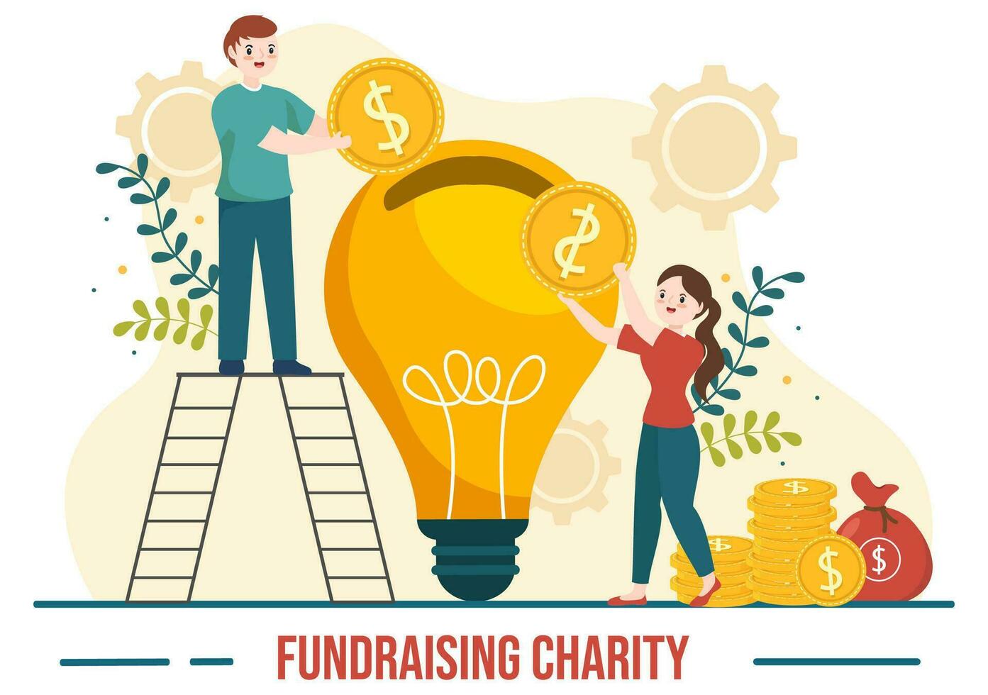 recaudación de fondos caridad y donación vector ilustración con voluntarios poniendo monedas o dinero en donación caja en financiero apoyo dibujos animados antecedentes