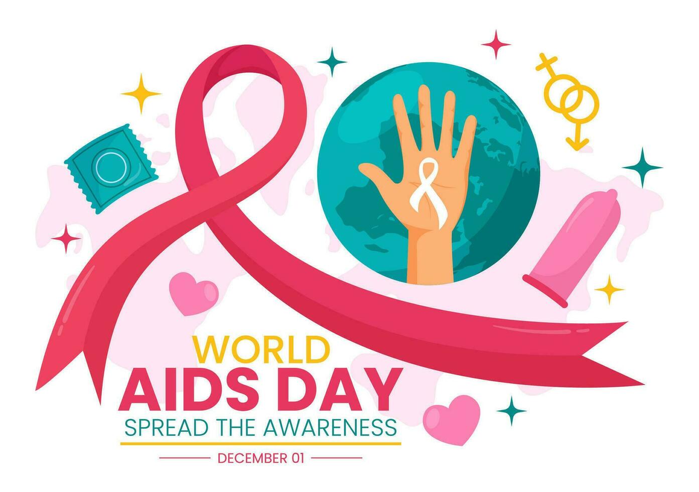 World Aids Day Vector Illustration on 1 december with Red Ribbon to raise awareness of the AIDS epidemic in Flat Cartoon Pink Background Design