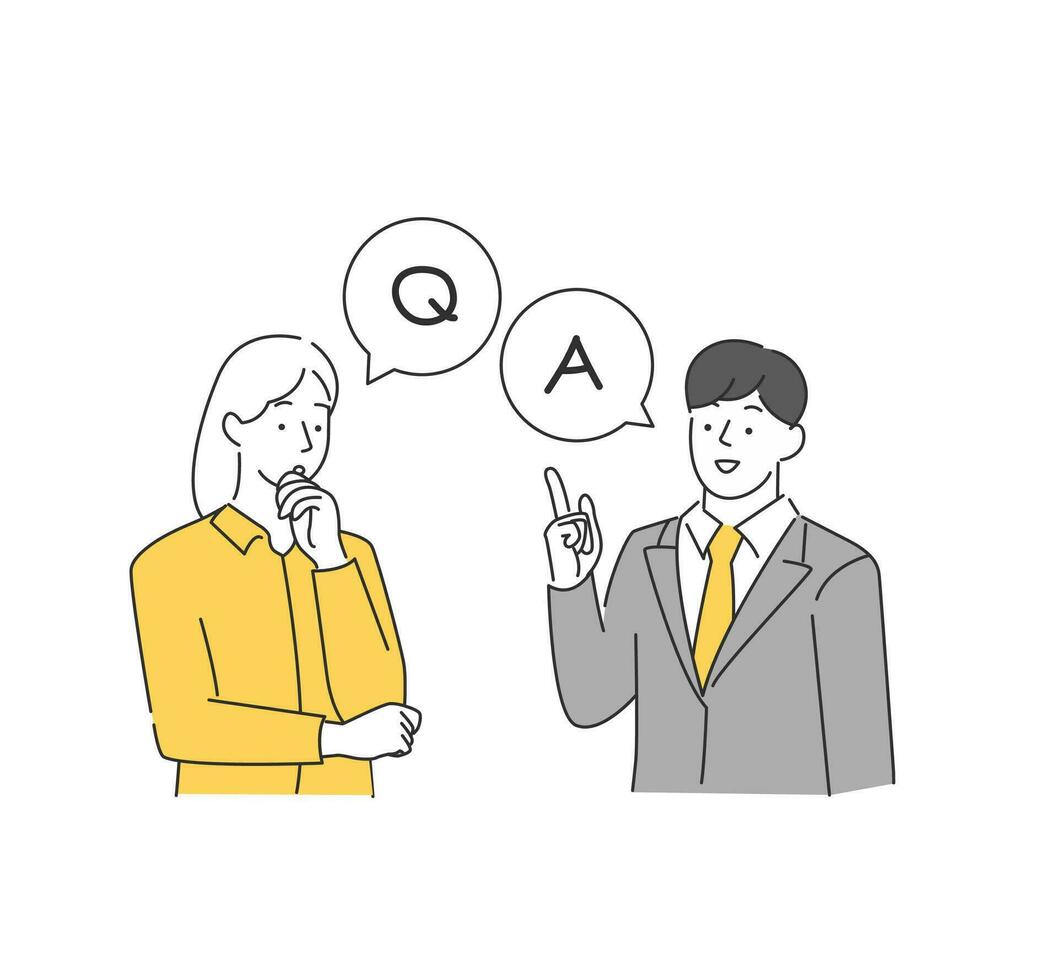 Business man and woman with QA bubble. Question and Answer. Q and A. QA sign vector
