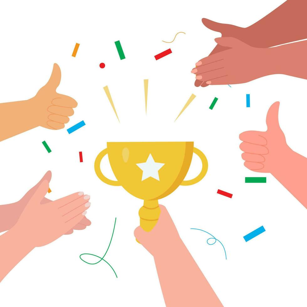 Gold winner cup with thumb up hand vector