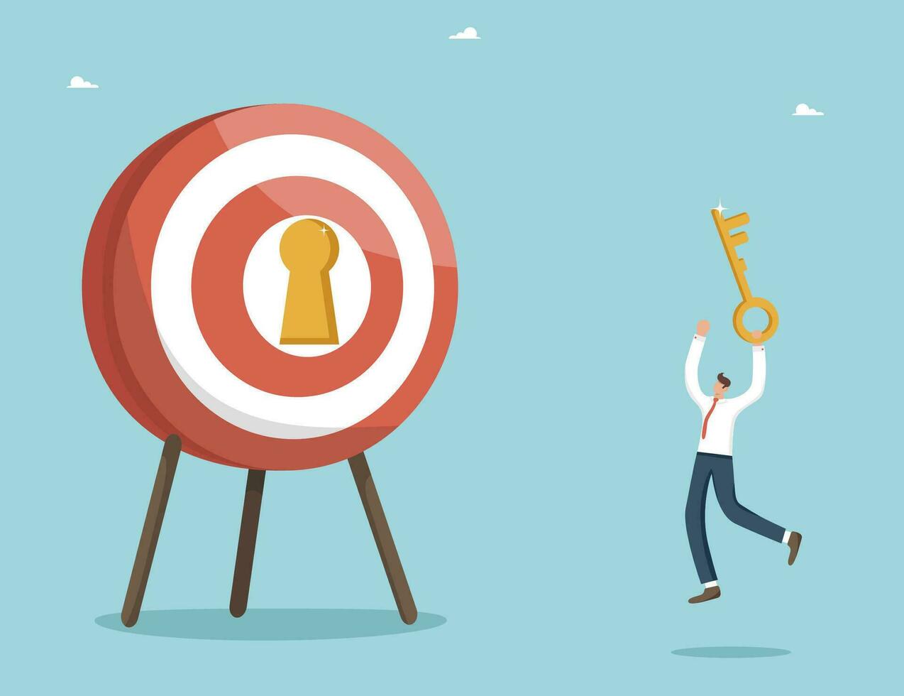 Secret key to achieving business goals, motivation and determination for great success, creative strategies to achieve excellence in work and career growth, man with key near dart board with keyhole. vector