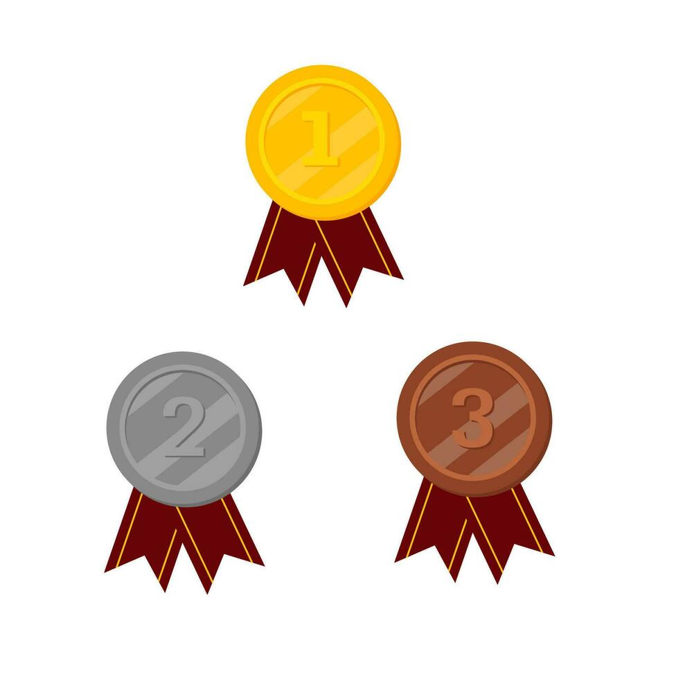 Ranking number. Gold, silver, bronze medal set. Champion trophy awards with numbers and medal vector illustration. Prize in sport for winning first, second, third place in competition on white