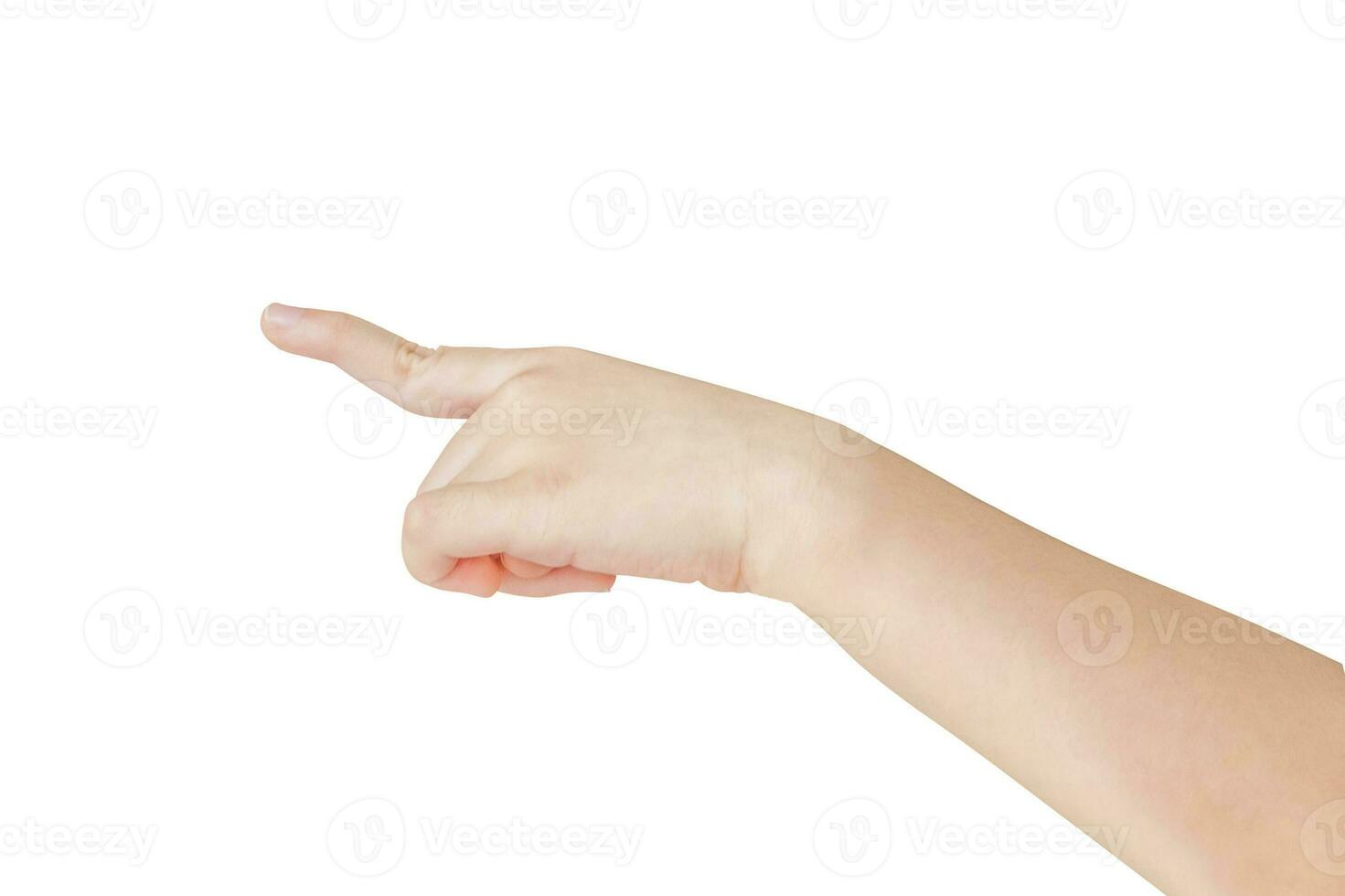 Kid hand touching or pointing to something isolated on white background photo
