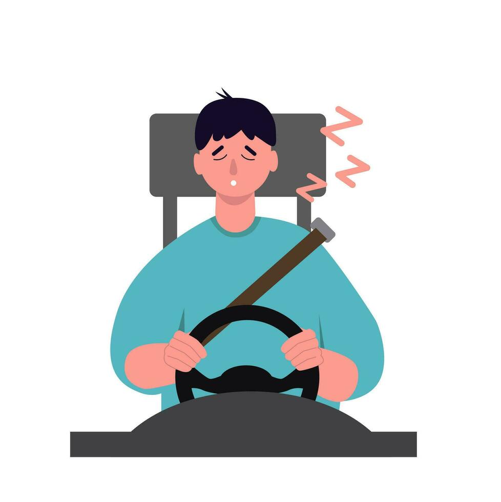 Sleepy male driver falling asleep while driving a car, sleep while driving illustration vector