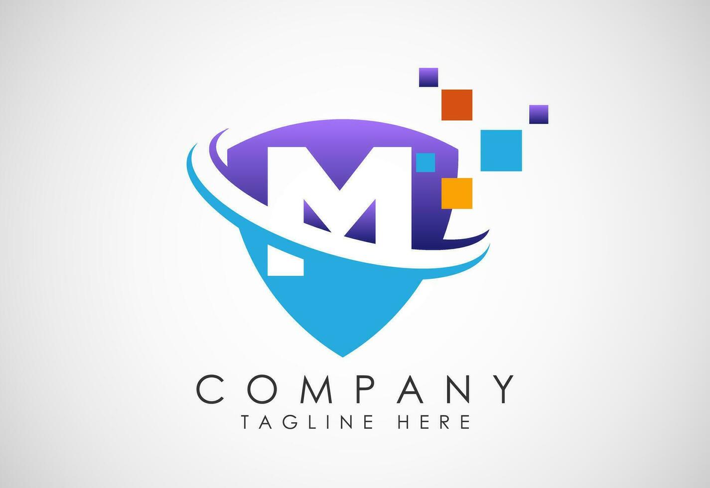 English alphabet M with shield, swoosh and data pixel. Creative technological modern logo design vector