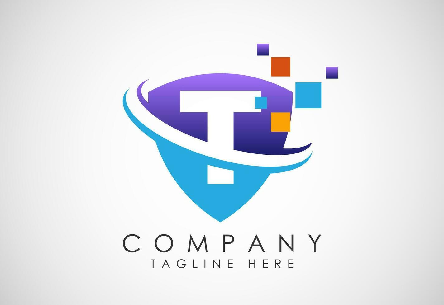 English alphabet T with shield, swoosh and data pixel. Creative technological modern logo design vector