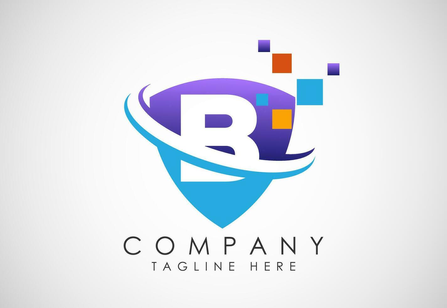 English alphabet B with shield, swoosh and data pixel. Creative technological modern logo design vector