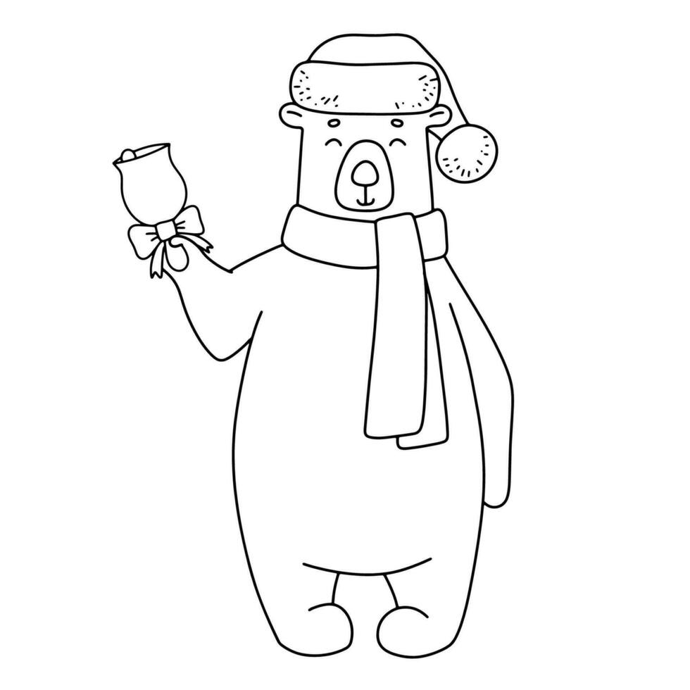 Cute bear in hat, scarf with Christmas bell. Funny outline illustration for coloring book vector