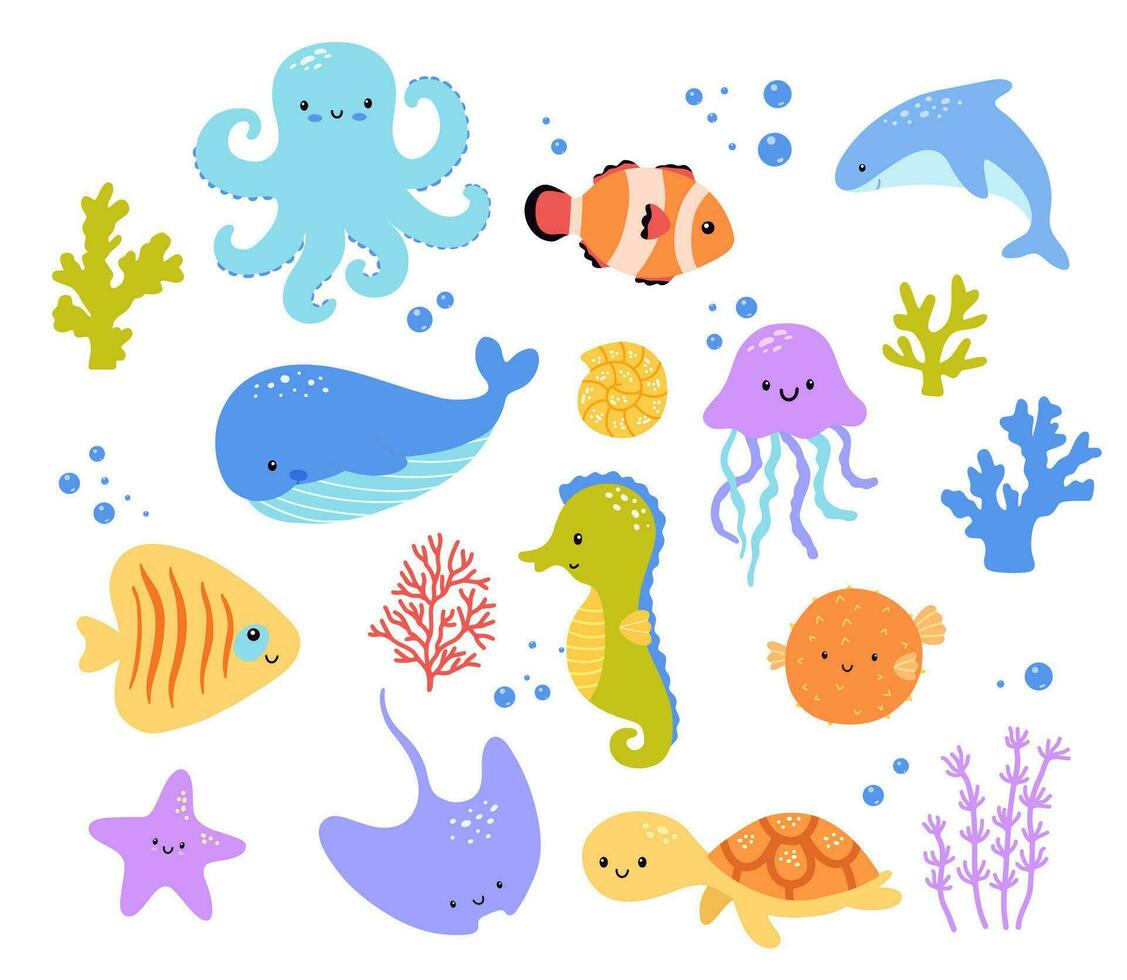 conjunto de linda dibujos animados mar animales aislado en blanco antecedentes. vector ballena, pez, pulpo y Tortuga ilustraciones para niños. plano infantil clipart