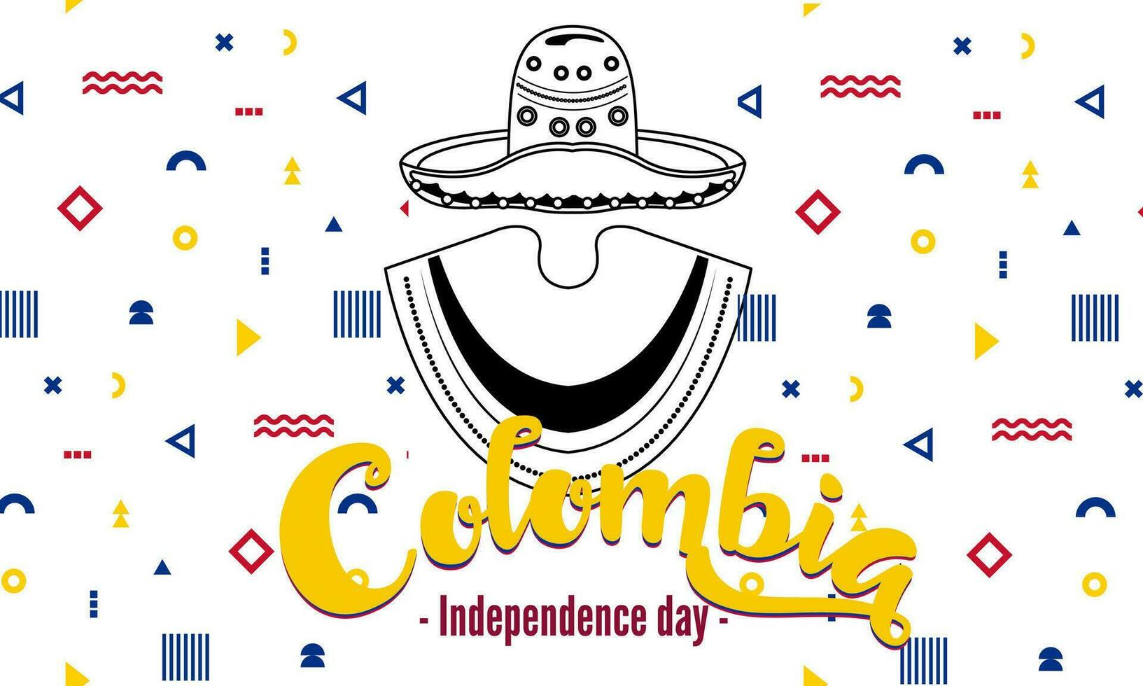 Colombia national day banner with map, flag colors theme background and geometric abstract retro modern blue red yellow design. vector