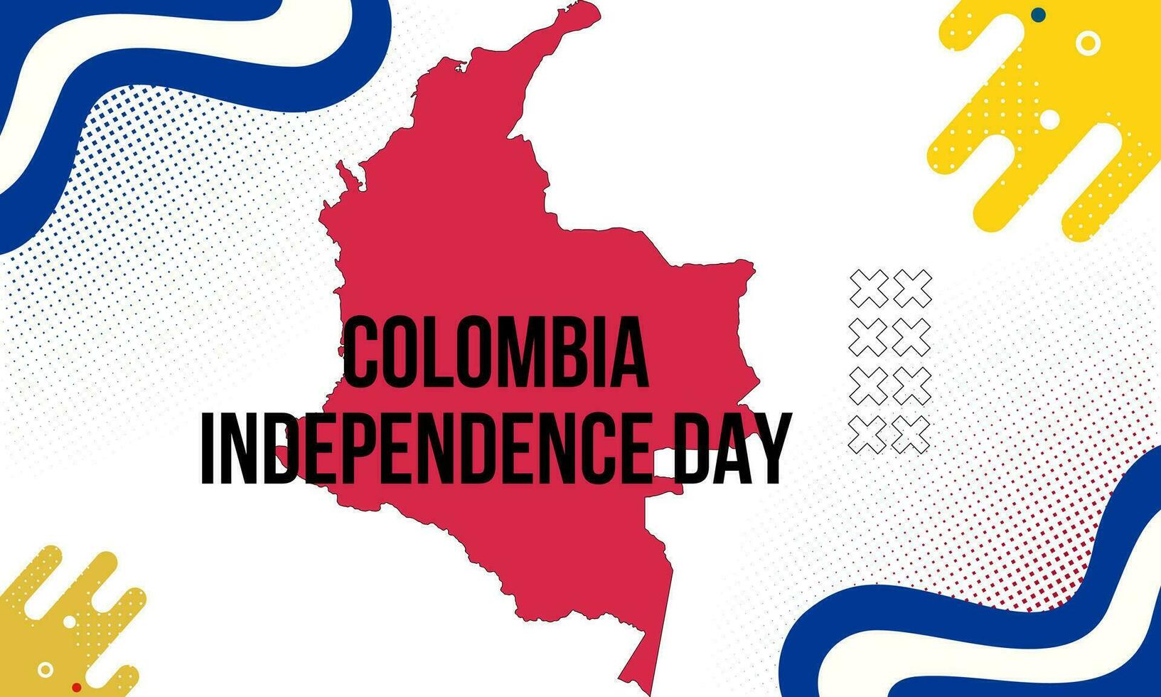 Colombia national day banner with map, flag colors theme background and geometric abstract retro modern blue red yellow design. vector