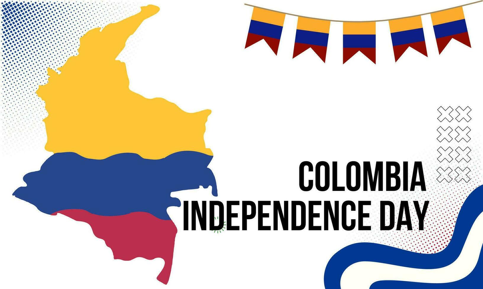 Colombia national day banner with map, flag colors theme background and geometric abstract retro modern blue red yellow design. vector