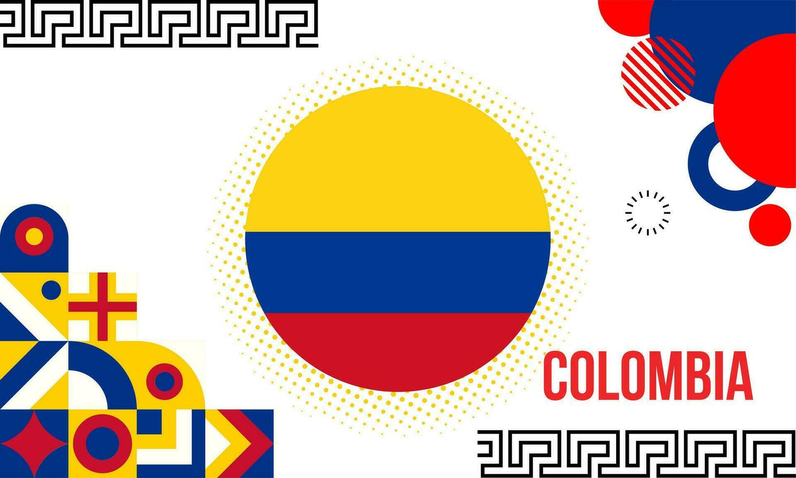 Colombia national day banner with map, flag colors theme background and geometric abstract retro modern blue red yellow design. vector