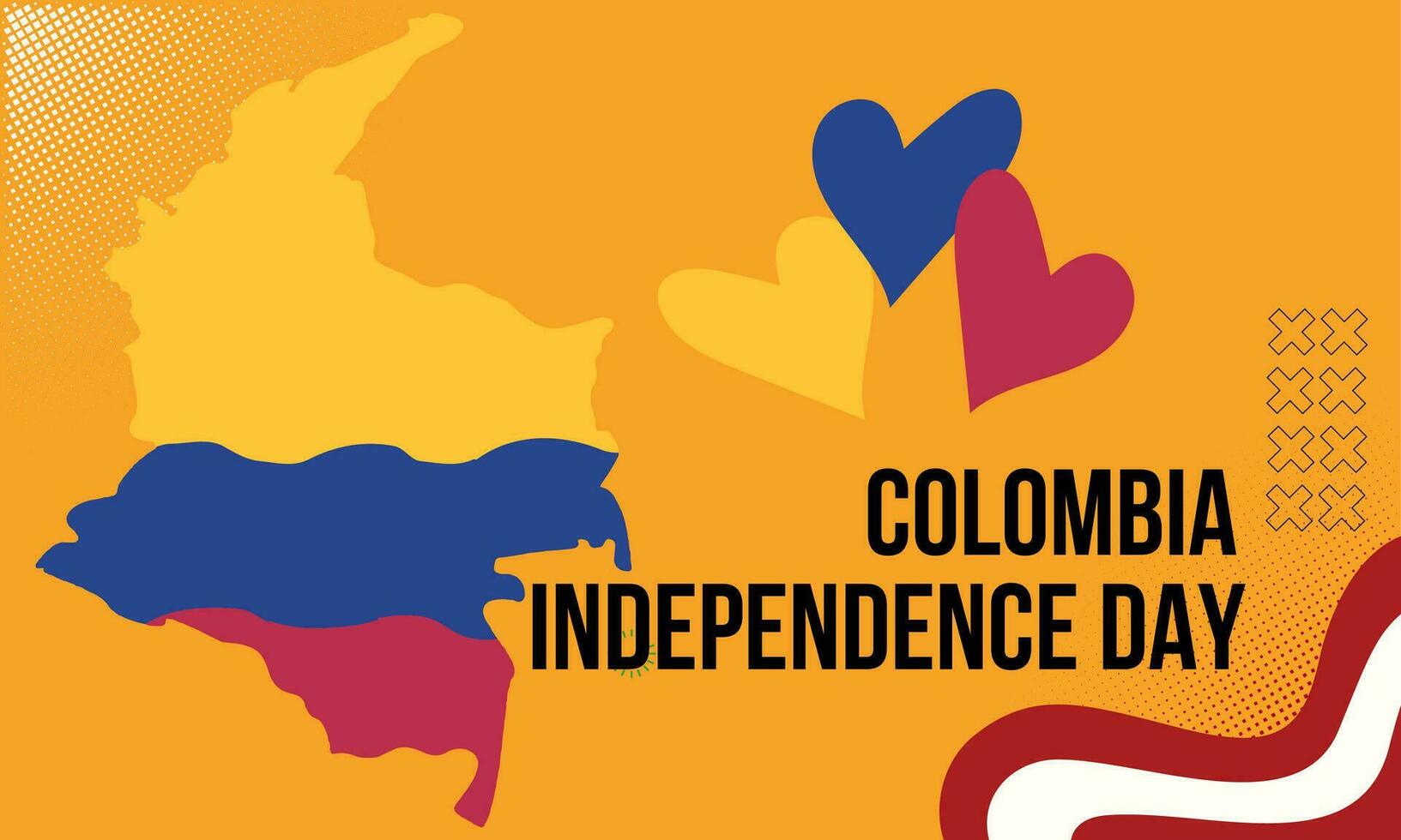 Colombia national day banner with map, flag colors theme background and geometric abstract retro modern blue red yellow design. vector