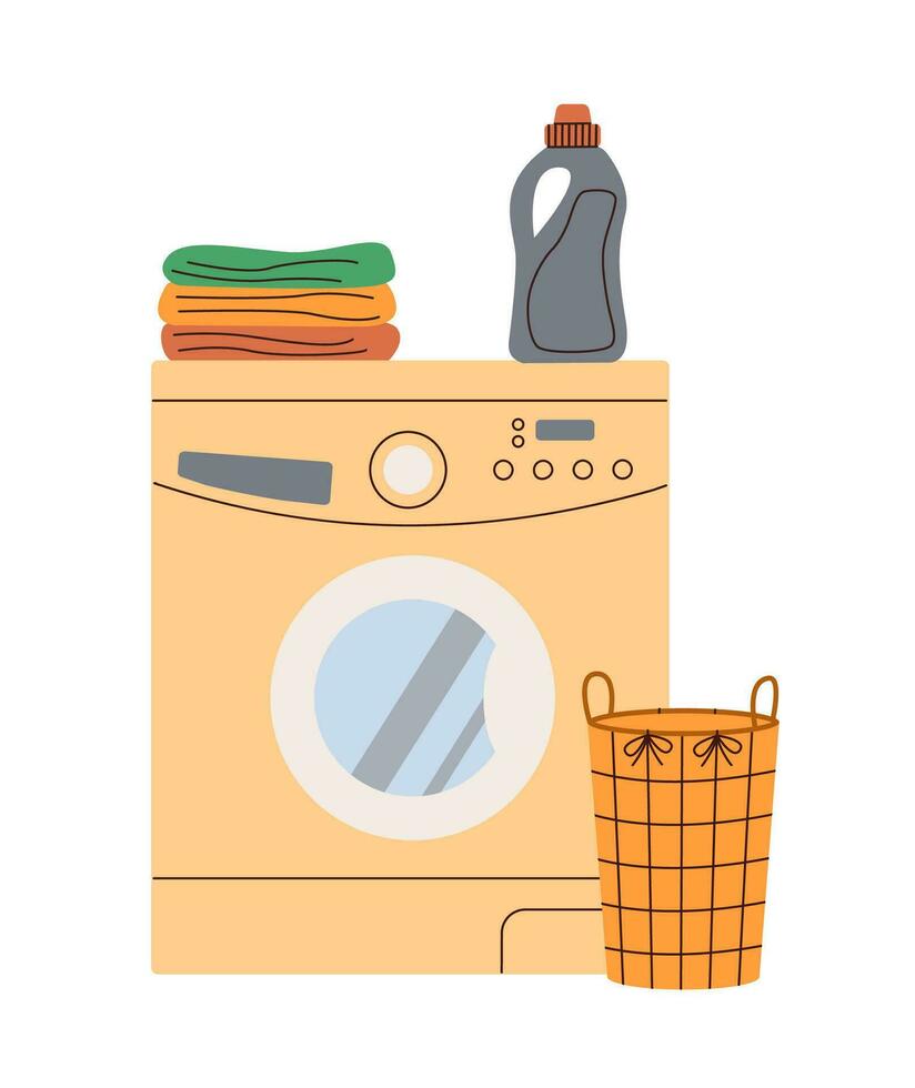 Washer, laundry basket, washing powder for bathroom and interior design. Flat vector illustration.