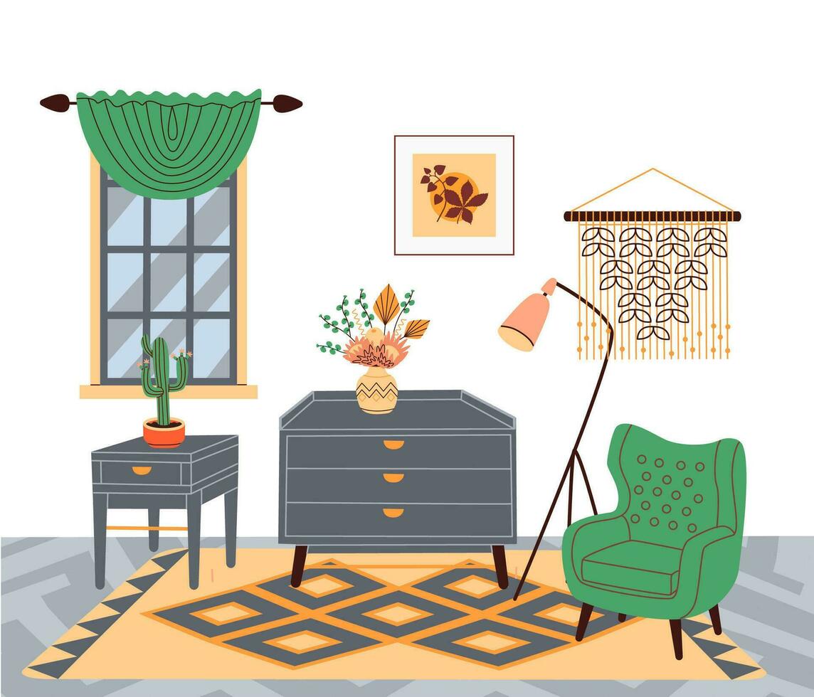 Stylish living room interior with trendy furniture. Flat vector illustration.